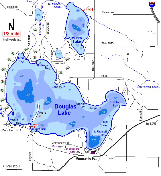 Douglas Lake Map Cheboygan County Michigan Fishing Michigan Interactive 
