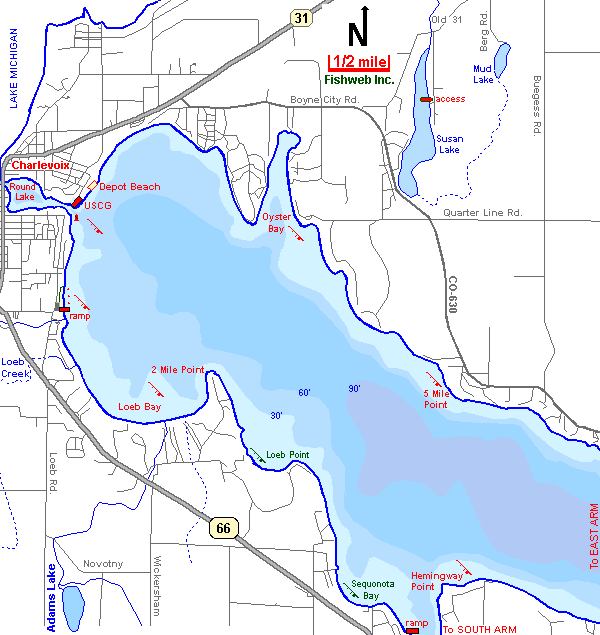 Lake Charlevoix Map West Arm Charlevoix County Michigan Fishing Michigan  Interactive™
